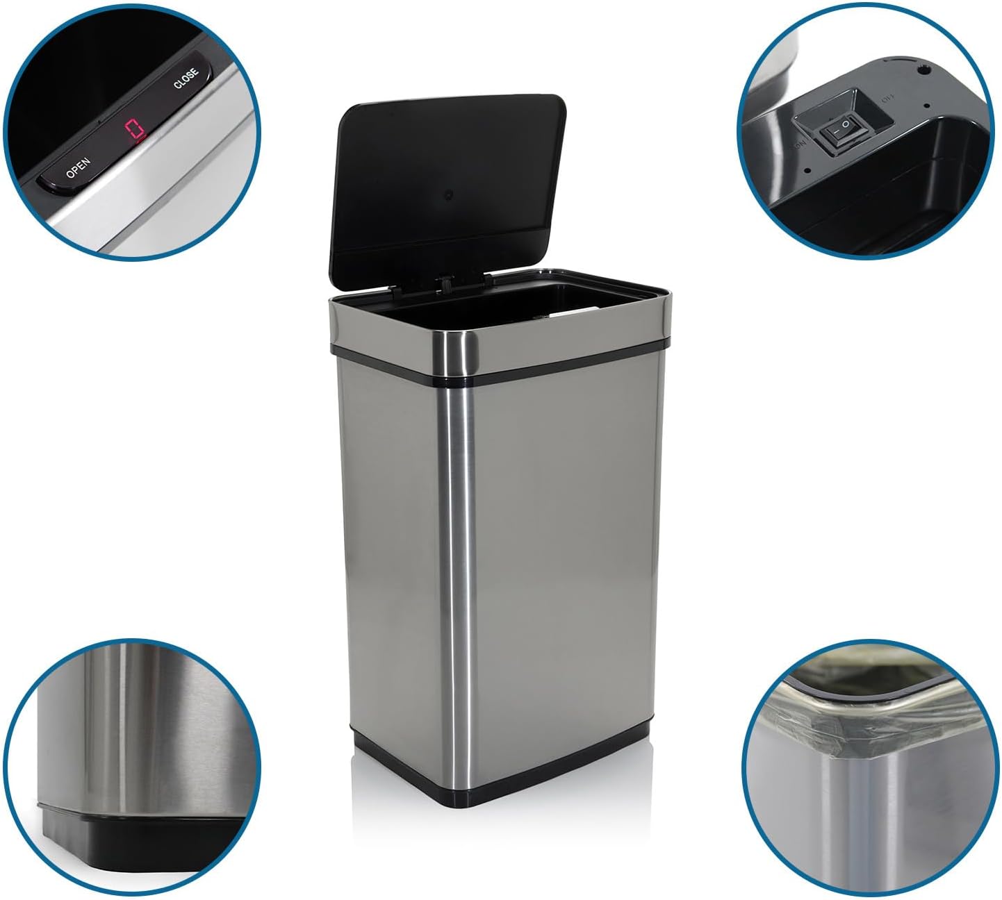 hjh OFFICE 830045 Caixote do lixo com sensor CLEAN IV 60 L, Aço Inoxidável, Papeleira automática, indicador LED, retangular, Prata