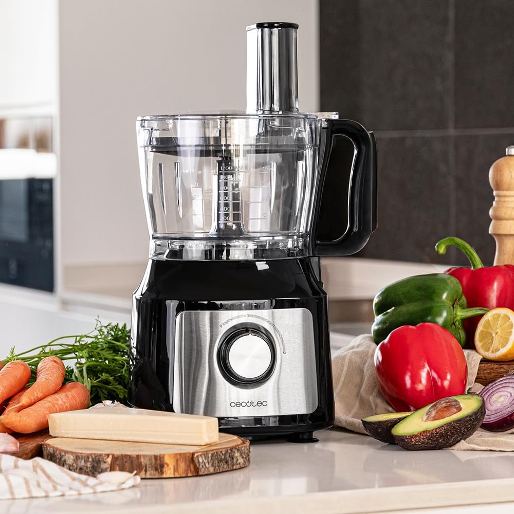 Cecotec Processador de Alimentos FoodProcessor Comino 1000 Max. 1000W, 2 Velocidades, Tigela 2L, Exprimidor de Sucos, 3 Discos de Corte: para Picar, Fatiar e Amassar, Disco para Cremes, Aço Inoxidável