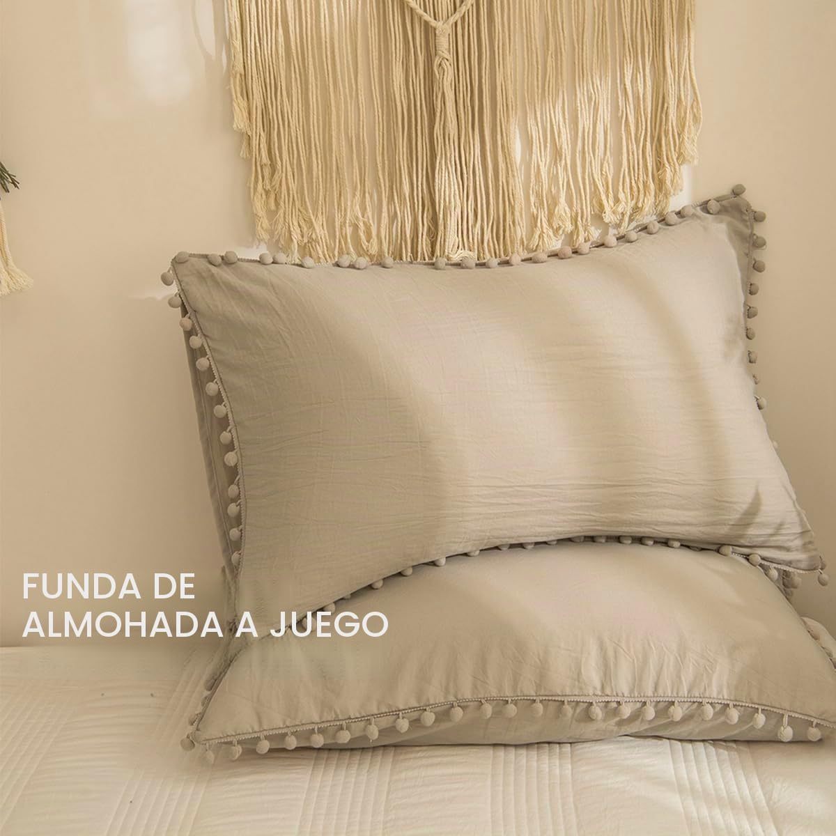 Conjunto de capa nórdica 135 x 200 cm, taupe conjunto de roupa de cama boho com franjas, pompom boémio em microfibra, macia com fronha de almofada e fecho de correr (Taupe, 135 x 200