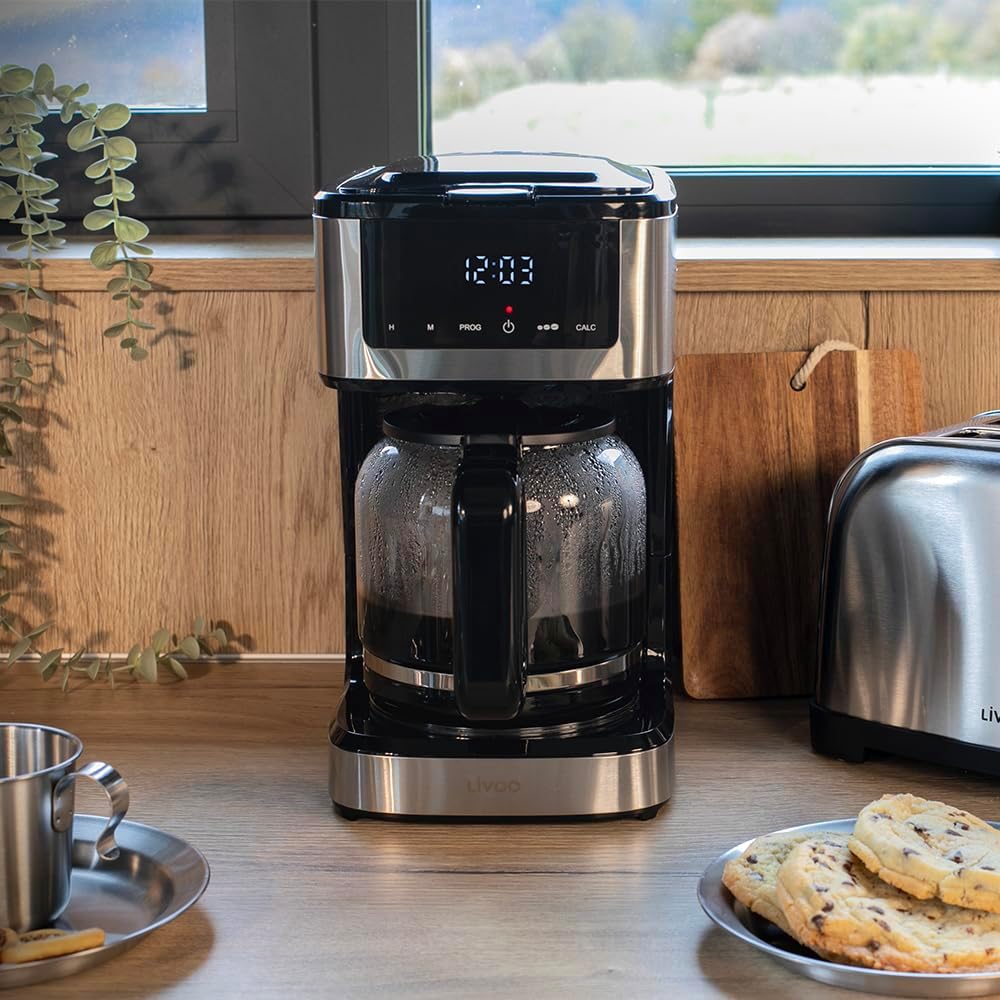 Livoo - Cafeteira elétrica programável DOD208-15 chávenas, 1,8 L, filtro reutilizável, função de programação, manutenção quente, vidro