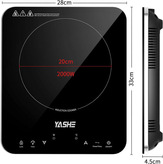 YASHE Placa de indução – placa de indução portátil, 10 configurações de potência e 10 configurações de temperatura. Placa de indução de 2000 watts, temporizador de 4 horas, bloqueio para crianças