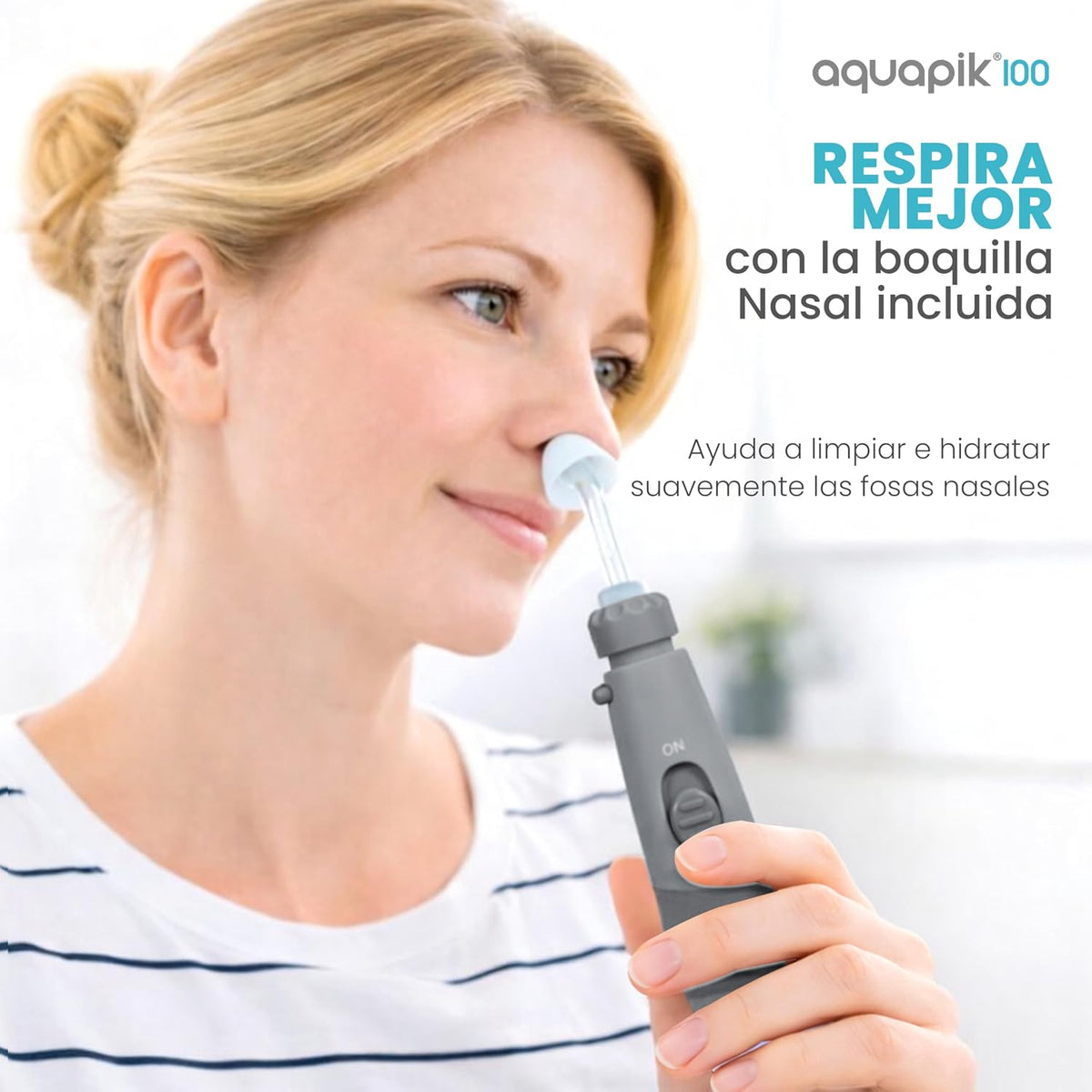 Irrigador dental de mesa Aquapik 100® – Limpeza bucal profunda com 10 níveis de pressão, 9 boquilhas, depósito de 600 ml, ideal para gengivas sensíveis, ortodontia, pontes e implantes. (Cinza)