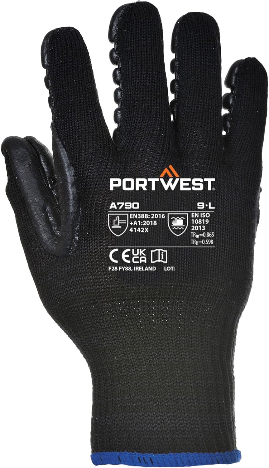 Portwest Luva anti-vibração, tamanho: M, cor: Preto, A790BKRM
