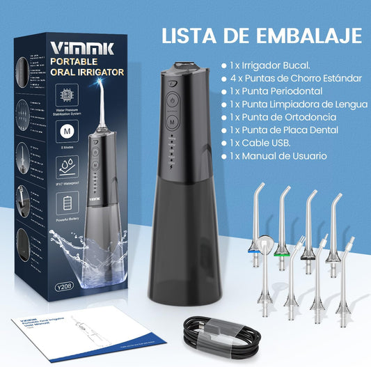 rrigador bucal portátil, Vimmk Irrigador dental sem fios profissional 8 boquilhas 5 modos, IPX7 impermeável 300 ml USB-C recarregável para limpeza de dentes, para casa e viagens (preto)