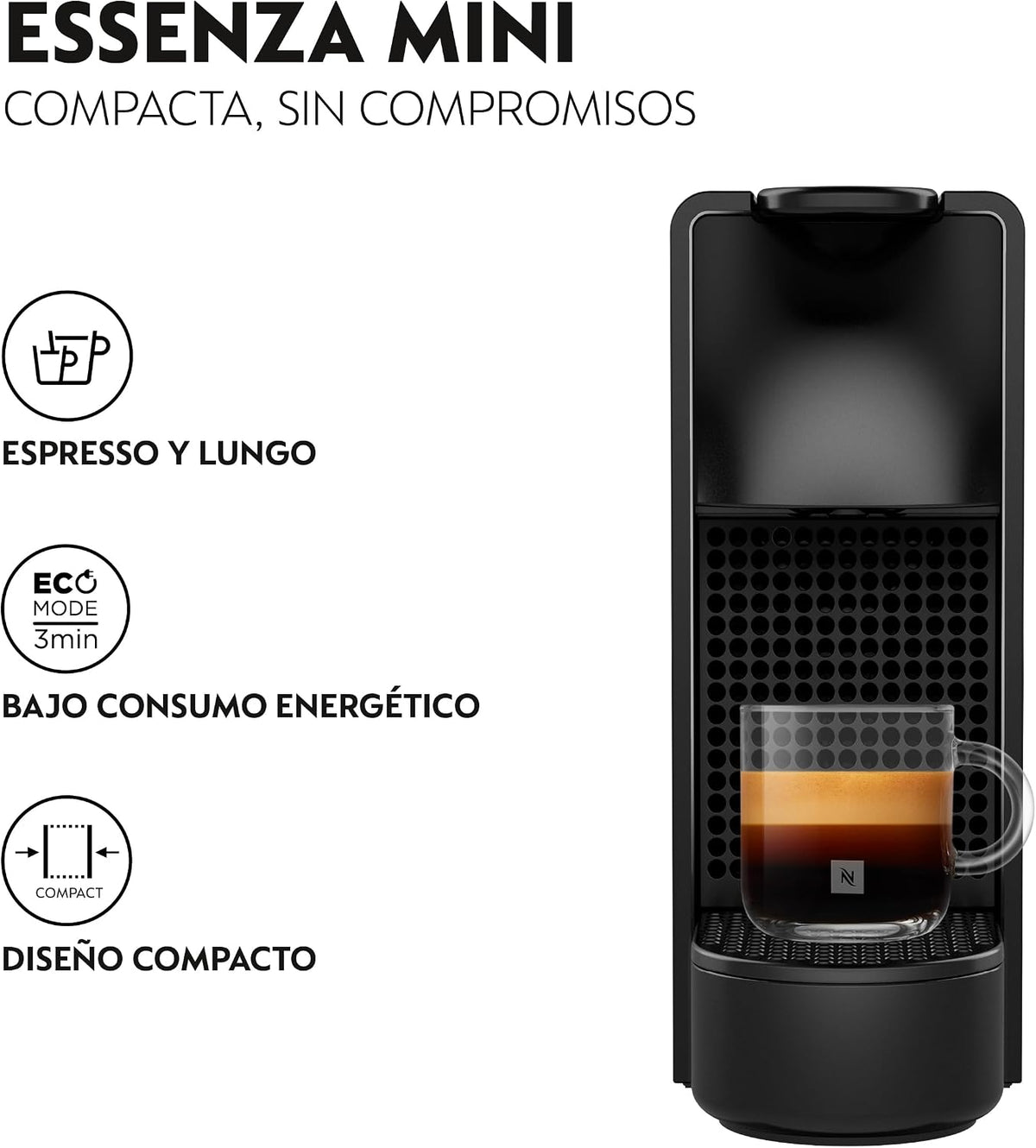 Minipiano Nespresso Essenza preto XN1108 Práctica, 19 Bares, 2 Opciones café, Calentamiento rápido, Apagado automático, Incluye pack cápsulas bienvenida, XN1108