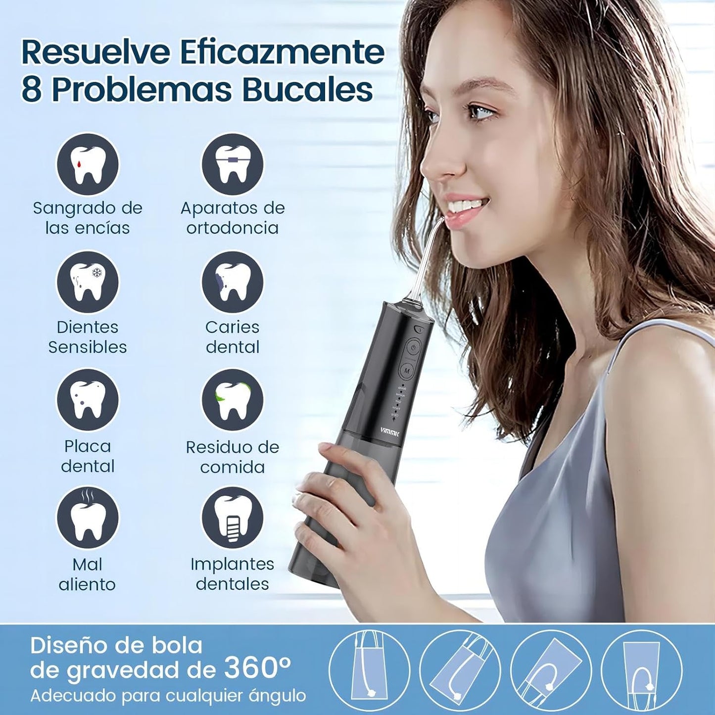rrigador bucal portátil, Vimmk Irrigador dental sem fios profissional 8 boquilhas 5 modos, IPX7 impermeável 300 ml USB-C recarregável para limpeza de dentes, para casa e viagens (preto)