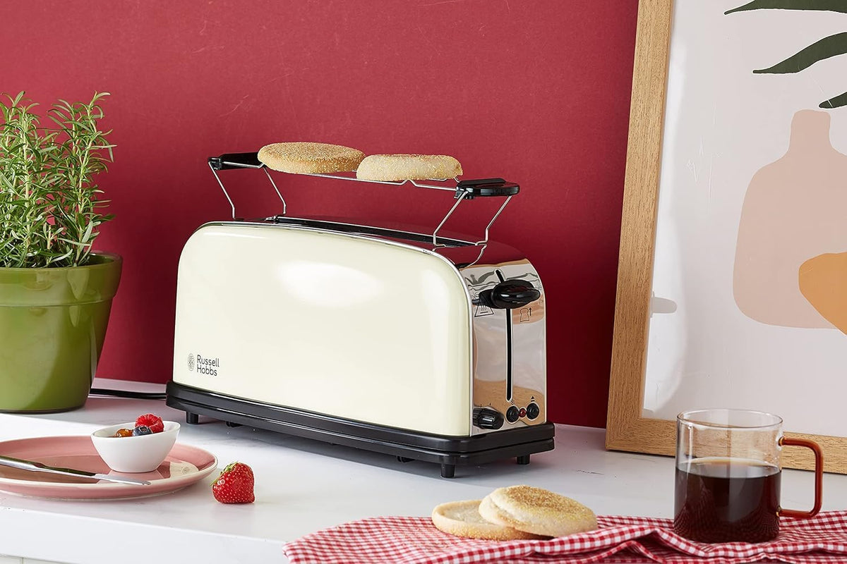 Russell Hobbs Torradeira Colours Plus - 1 Ranhura Longa e Larga para 2 Fatias, Bandeja Coletora de Migalhas, Aquecimento, Função Cancelar e Descongelar, Aço Inoxidável, Creme - 21395-56