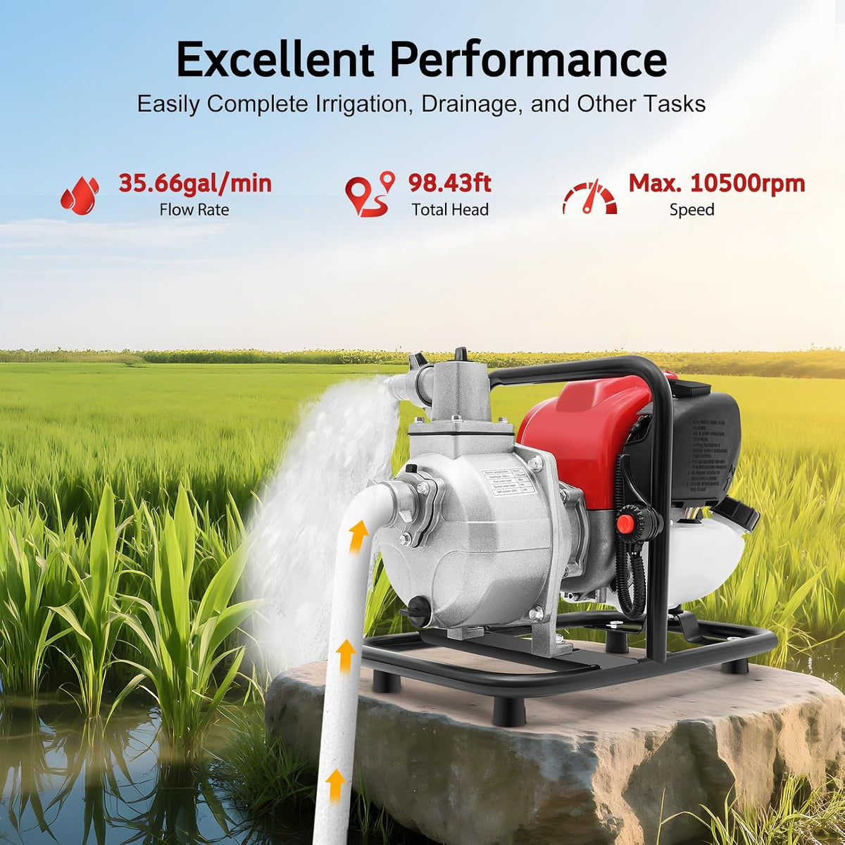 Bomba de água de gasolina de 4 tempos 1,2 kW (38 cm³) bomba de água residual de gasolina e bomba de jardim portátil com fluxo de 135 m³/h, altura de movimentação 30 m para irrigação, drenagem