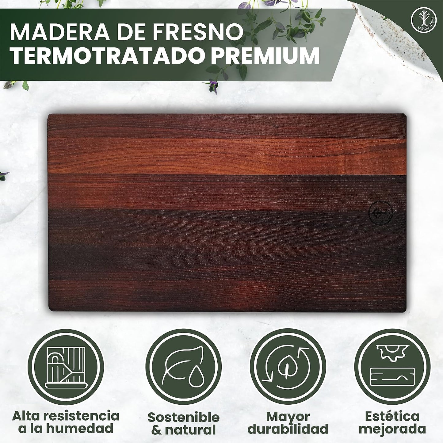 Tábua de Madeira Cozinha 45x25x1,5 | Freixo Termotratado Premium Reversível e Higiénica | Tábua Profissional para Carne, Pão ou Queijos | Tábua de Cortar Grande, Leve e Resistente à Humidade |