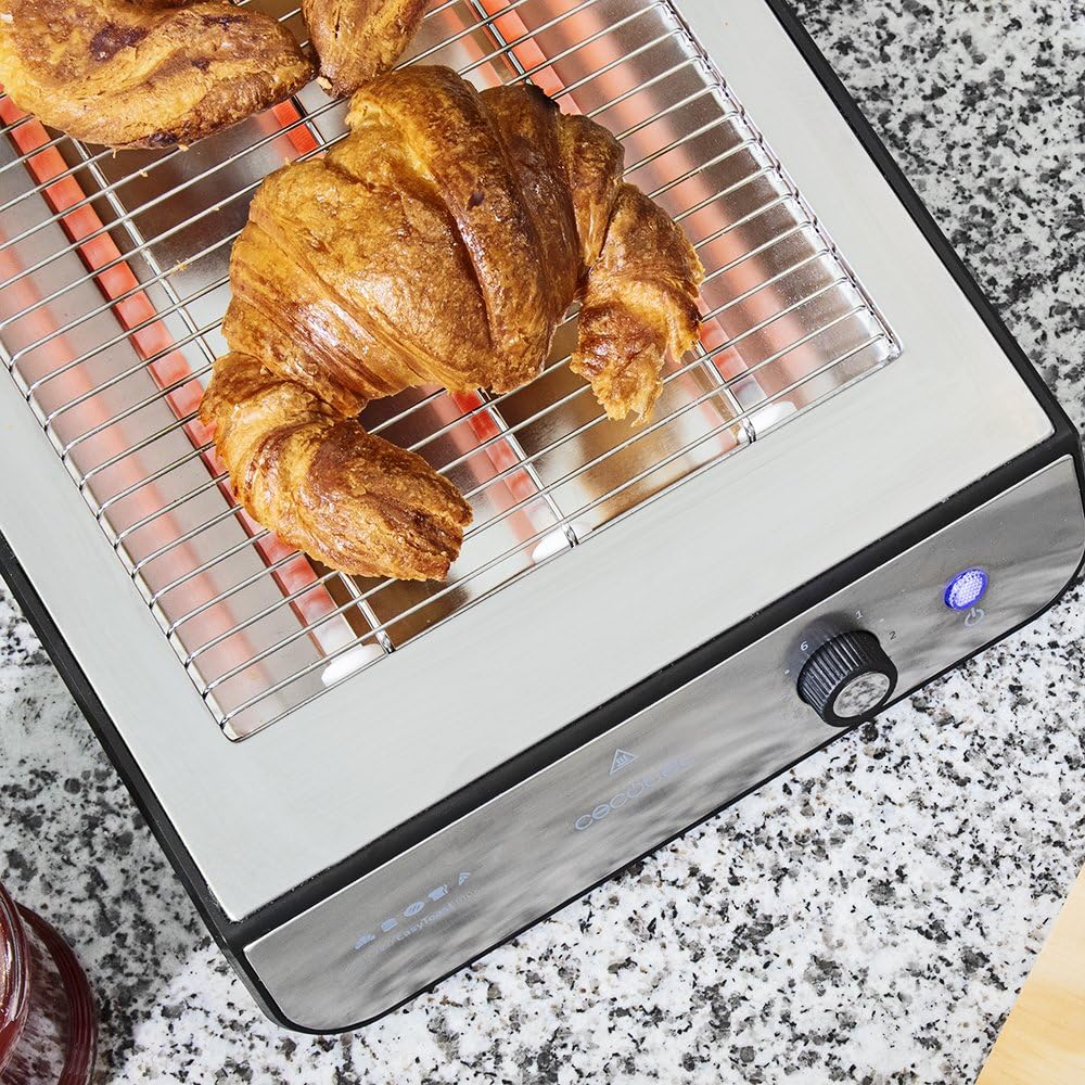 Cecotec Torradeira Plana Horizontal Turbo Easy Toast Inox. 900 W de Potência em 6 Níveis, 3 Resistências de Quartzo, Bandeja de Recolha de Migalhas, Orifício para Cabos, Acabamento em Aço Inoxidável