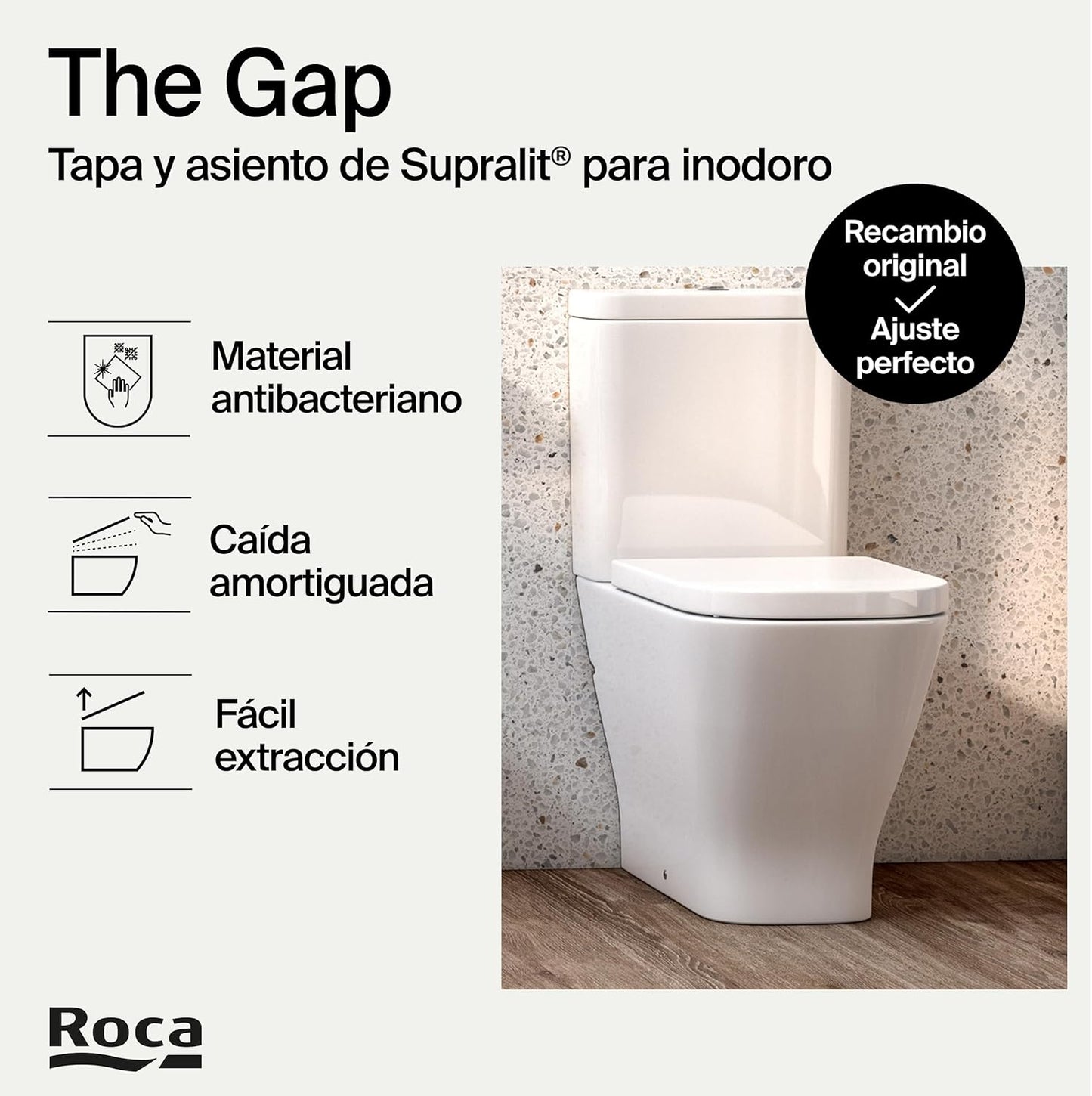 Roca The Gap - Tampa e assento de Supralit para sanita de depósito baixo com queda amortecida, tampa de WC original