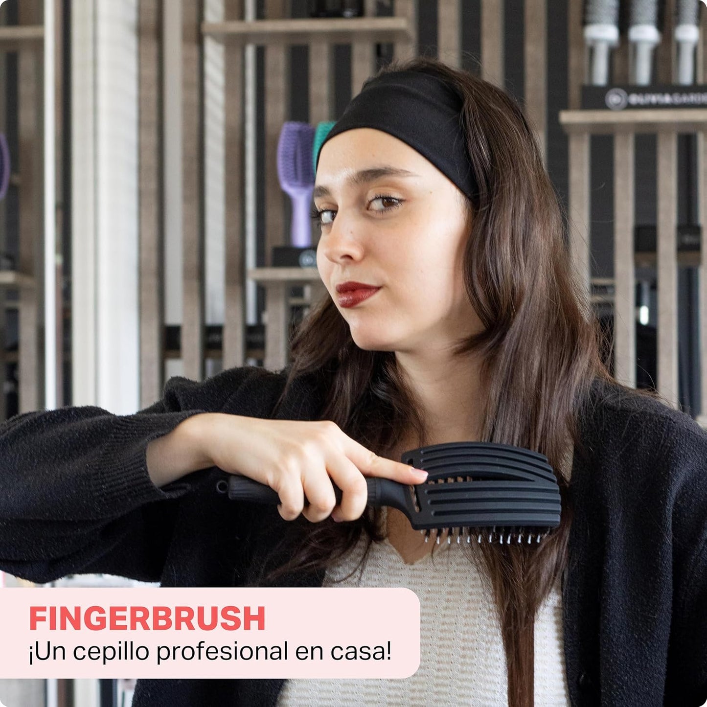 Olivia Garden - Fingerbrush Combo Large - Escova de Cabelo Longo - Anti-puxões para Cabelo Seco e Desembaraçado - Cerdas de Javali e Nylon para um Brilho Natural - Cabelo Fino, Médio e Grosso - Preto