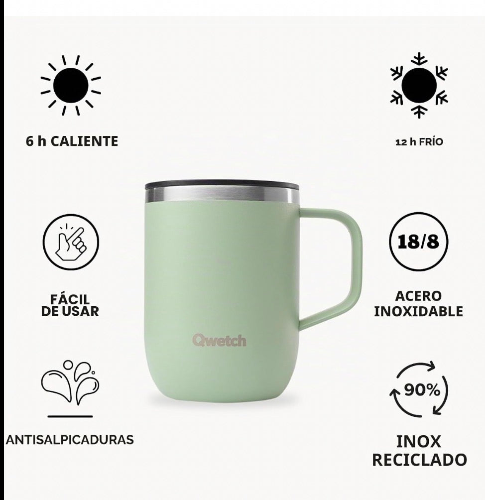 QWETCH - Caneca térmica de aço inoxidável reciclada com pega 350 ml verde lima - caneca térmica para café e chá - mantém 6 h quente e 12 h frio - tampa deslizante anti-errames e compatível com