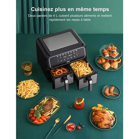 Fritadeira sem óleo Innsky Dual Zone, 8 L, com 8 programas, fritadeira de ar quente XXL com cesto duplo, ecrã tátil LED.