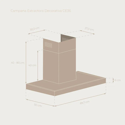 EVVO Exaustor decorativo CE36, 90 cm de largura, potência 650 m³/h