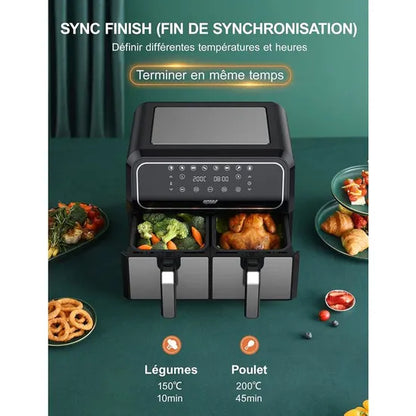 Fritadeira sem óleo Innsky Dual Zone, 8 L, com 8 programas, fritadeira de ar quente XXL com cesto duplo, ecrã tátil LED.