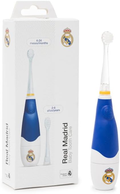 Real Madrid Escova de dentes elétrica infantil sónico | RM Toothbrush | Limpeza suave com temporizador inteligente, 2 cabeças de substituição incluídas, funciona em pilhas, sem fios, + 4 meses