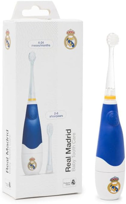 Real Madrid Escova de dentes elétrica infantil sónico | RM Toothbrush | Limpeza suave com temporizador inteligente, 2 cabeças de substituição incluídas, funciona em pilhas, sem fios, + 4 meses