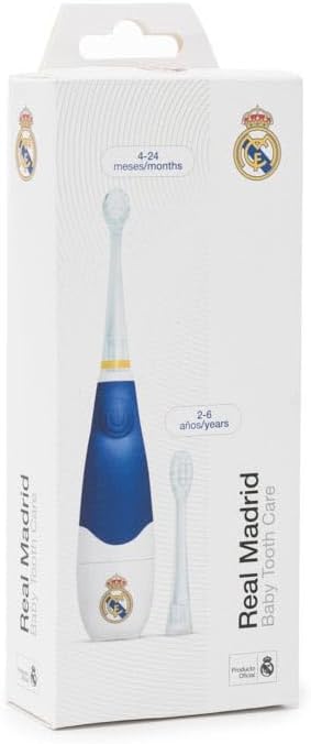 Real Madrid Escova de dentes elétrica infantil sónico | RM Toothbrush | Limpeza suave com temporizador inteligente, 2 cabeças de substituição incluídas, funciona em pilhas, sem fios, + 4 meses
