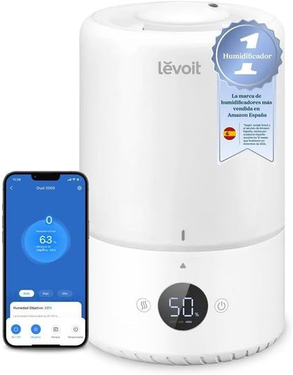 LEVOIT Humidificador inteligente de névoa fria para quarto e bebé com sensor, controlo por APP e voz, difusor de óleos essenciais, temporizador para quarto, <28dB, 3L Top-Fill, branco
