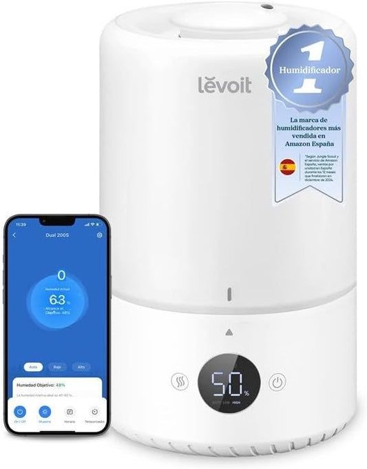 LEVOIT Humidificador inteligente de névoa fria para quarto e bebé com sensor, controlo por APP e voz, difusor de óleos essenciais, temporizador para quarto, <28dB, 3L Top-Fill, branco