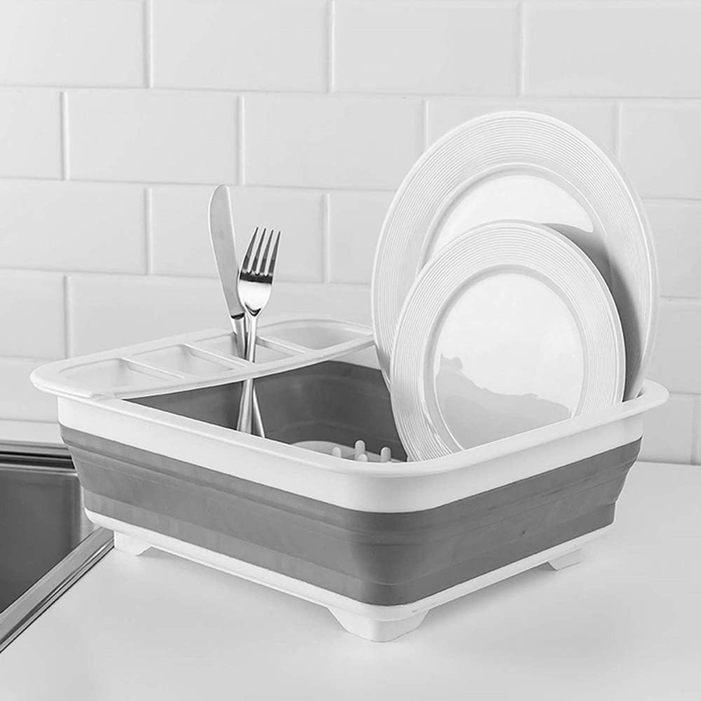 Escorredor de pratos, dobrável de plástico com tábua de drenagem, compacto e portátil para fácil armazenamento na bancada da cozinha