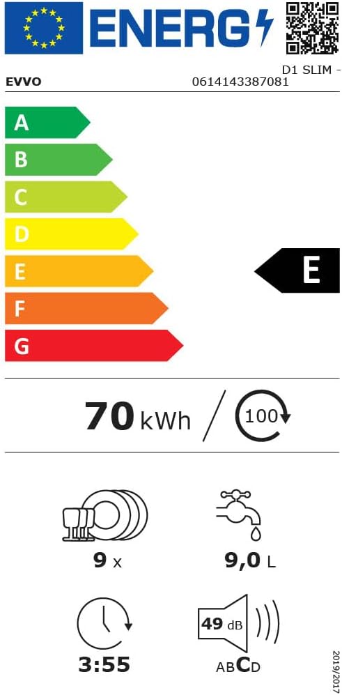 EVVO Máquina de lavar louças estreita, largura 45 cm, capacidade para 9 talheres, programa rápido 30 minutos, programa médio carregamento, bandeja superior ajustável, 5 programas, modelo D1 Slim [Classe energética E