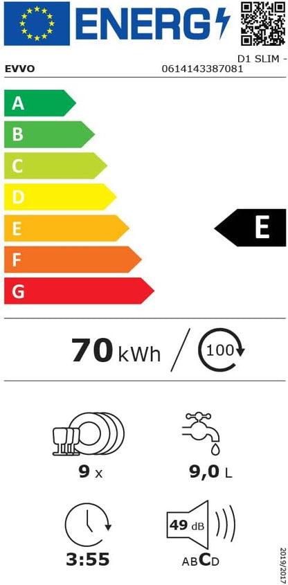 EVVO Máquina de lavar louças estreita, largura 45 cm, capacidade para 9 talheres, programa rápido 30 minutos, programa médio carregamento, bandeja superior ajustável, 5 programas, modelo D1 Slim [Classe energética E