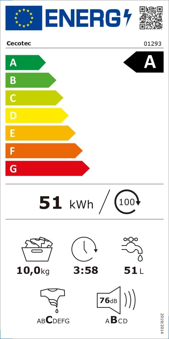 Cecotec Máquina de lavar roupa 10 Kg Carregamento frontal Autodose Bolero DressCode 10900 Autodose Inverter FullColor A 1400RPM, Baixo Consumo, Ecrã FullColor 10,3", 11 Programas, Motor Inverter Plus [Classe energética A]