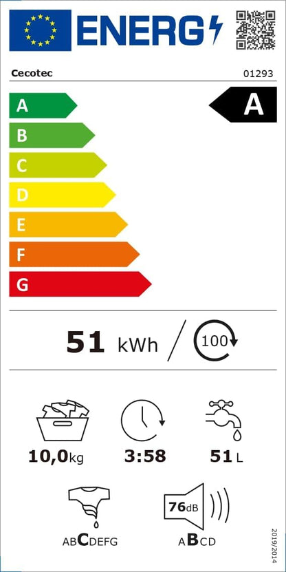 Cecotec Máquina de lavar roupa 10 Kg Carregamento frontal Autodose Bolero DressCode 10900 Autodose Inverter FullColor A 1400RPM, Baixo Consumo, Ecrã FullColor 10,3", 11 Programas, Motor Inverter Plus [Classe energética A]