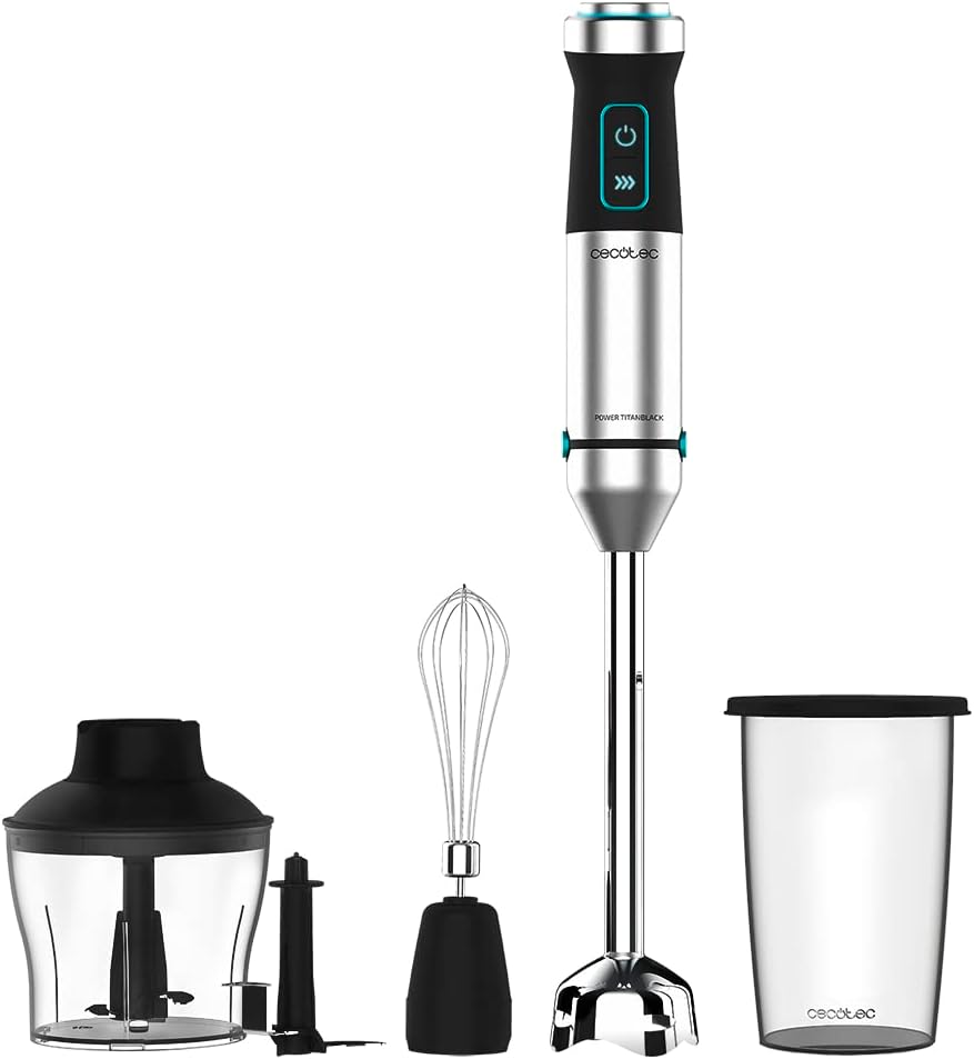 Cecotec Liquidificadora de mão Power TitanBlack 1500 XL Cream&Crush. Potência de 1500 W, lâmina de 4 folhas com revestimento de titânio, pé XL, sino anti-salpicos, velocidade ajustável, função turbo