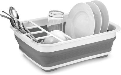 Escorredor de pratos, dobrável de plástico com tábua de drenagem, compacto e portátil para fácil armazenamento na bancada da cozinha