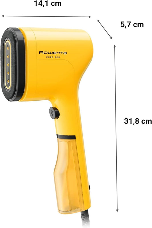 Rowenta Pure Pop - Ferro a vapor de 1300 W com saída de vapor de até 20 g/min que plancha e purifica, elimina pêlos e pelos, cabeças reversíveis, design para viagem, cor amarelo, DR2026