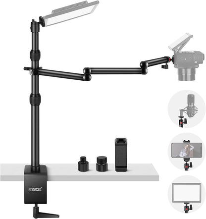 NEEWER - Suporte de mesa telescópico para câmara, com braço dobrável em três partes, 1,2 m, com pinça de telefone, rótula para luz LED, microfone TL253A+MH022