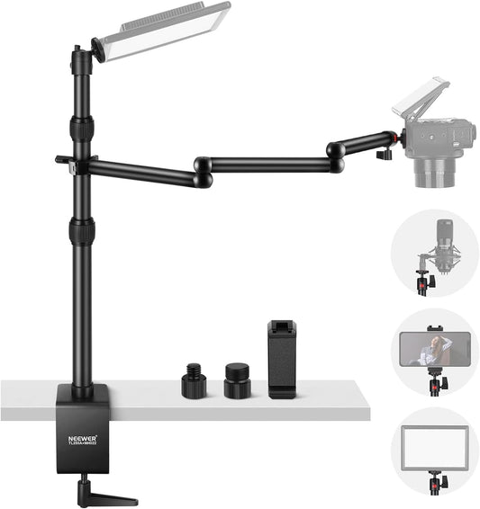NEEWER - Suporte de mesa telescópico para câmara, com braço dobrável em três partes, 1,2 m, com pinça de telefone, rótula para luz LED, microfone TL253A+MH022