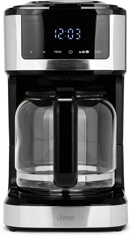 Livoo - Cafeteira elétrica programável DOD208-15 chávenas, 1,8 L, filtro reutilizável, função de programação, manutenção quente, vidro