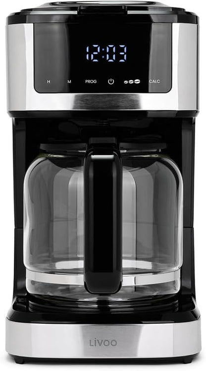 Livoo - Cafeteira elétrica programável DOD208-15 chávenas, 1,8 L, filtro reutilizável, função de programação, manutenção quente, vidro