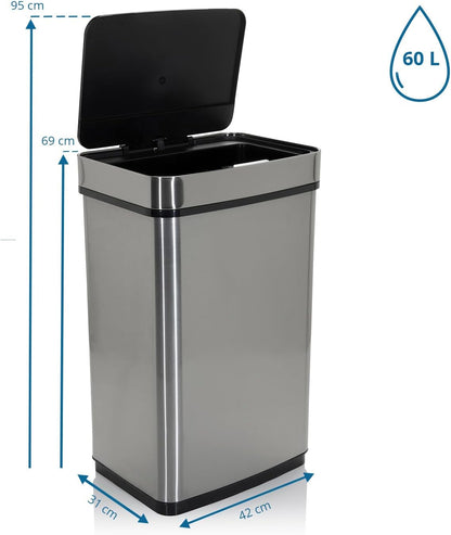 hjh OFFICE 830045 Caixote do lixo com sensor CLEAN IV 60 L, Aço Inoxidável, Papeleira automática, indicador LED, retangular, Prata