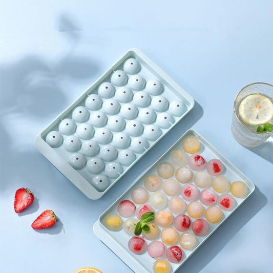 Formas de gelo, 33x3 peças, molde redondo para fazer bolas de gelo para freezer com tampa e recipiente, formas de gelo picado de fácil remoção, forma de cubos de gelo pequenos para resfriar bebidas, café, suco e coquetéis.