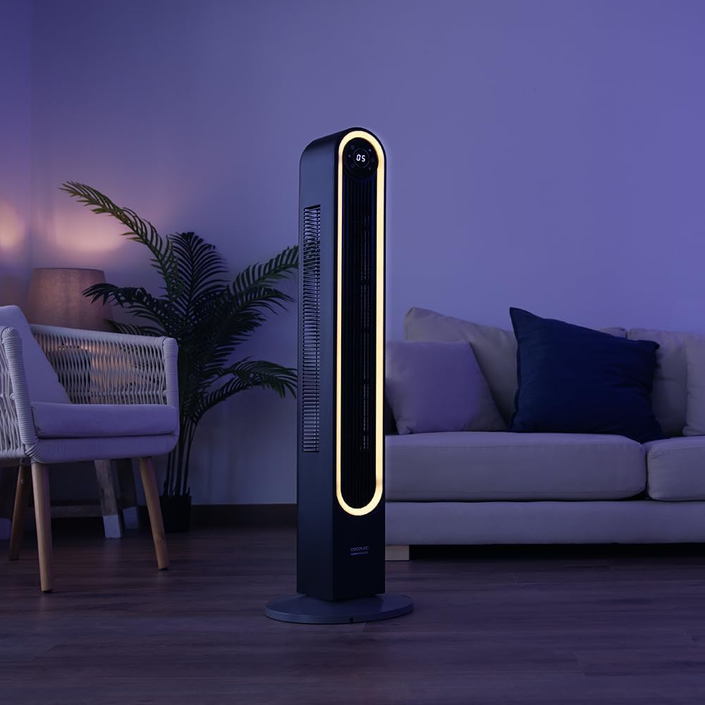 Cecotec Ventoinha de torre EnergySilence 9090 Skyline Smart Light de 42", 65 W, luz LED, ecrã LED táctil, controlo remoto, 6 velocidades e 3 modos, oscilação de 150º, temporizador