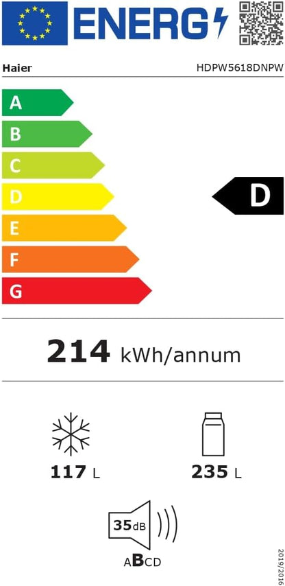 Haier 2D 60 Series 5 Pro HDPW5618DNPW - Frigorífico Combinado, WIFI, Funções Inteligentes, 352L, My Zone, Gaveta Zone de Humidade, Total No Frost, Largura 59,5cm, Motor Inverter, Luz LED, Branco [Classe energética D]