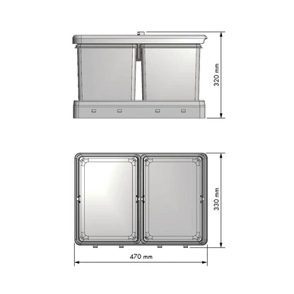 Cubos de Lixo e Reciclagem com Tampa Automática para Gaveta de Cozinha - 16L + 16L Cinza