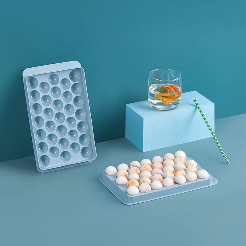 Formas de gelo, 33x3 peças, molde redondo para fazer bolas de gelo para freezer com tampa e recipiente, formas de gelo picado de fácil remoção, forma de cubos de gelo pequenos para resfriar bebidas, café, suco e coquetéis.