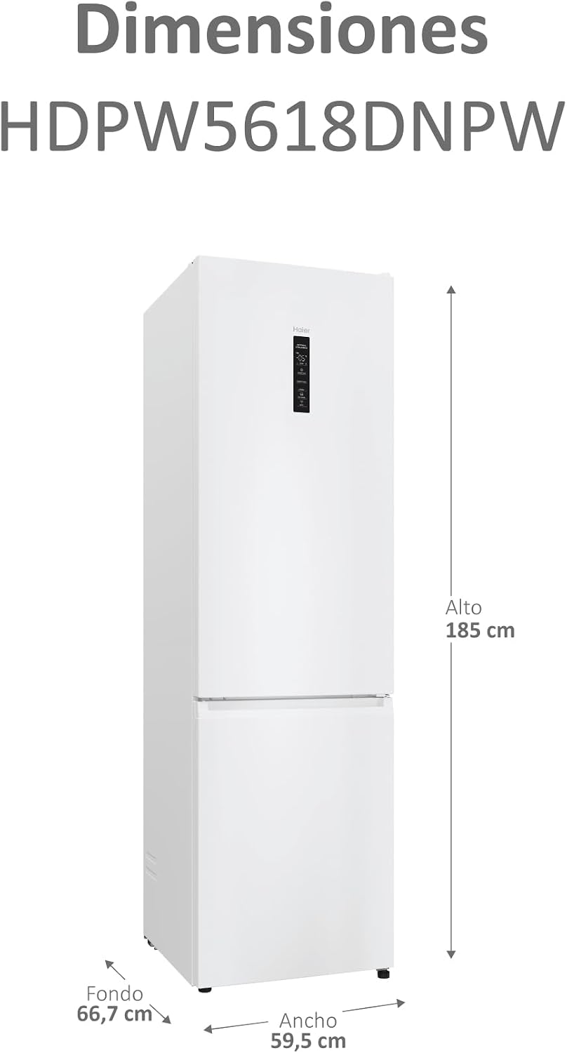 Haier 2D 60 Series 5 Pro HDPW5618DNPW - Frigorífico Combinado, WIFI, Funções Inteligentes, 352L, My Zone, Gaveta Zone de Humidade, Total No Frost, Largura 59,5cm, Motor Inverter, Luz LED, Branco [Classe energética D]