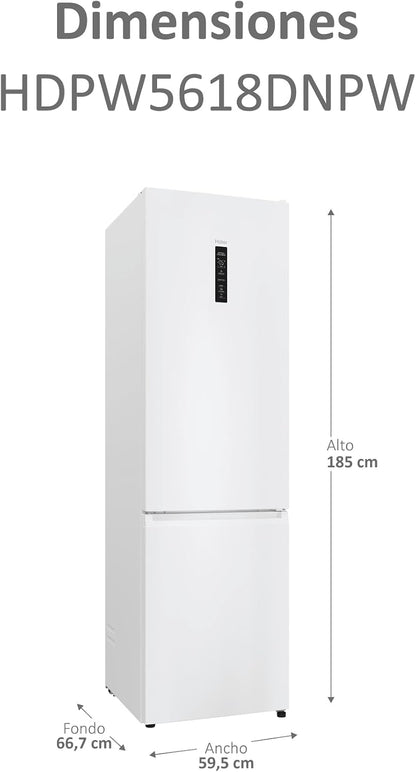Haier 2D 60 Series 5 Pro HDPW5618DNPW - Frigorífico Combinado, WIFI, Funções Inteligentes, 352L, My Zone, Gaveta Zone de Humidade, Total No Frost, Largura 59,5cm, Motor Inverter, Luz LED, Branco [Classe energética D]