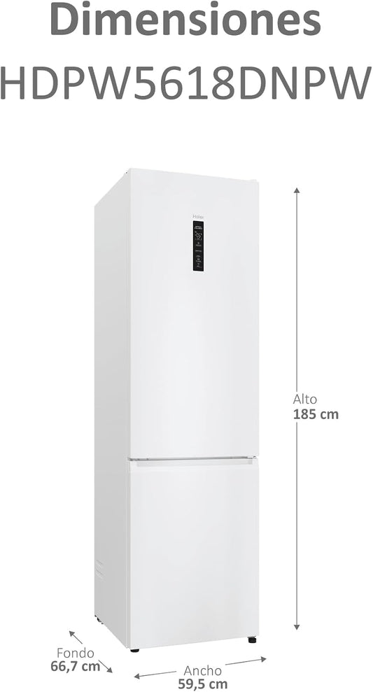 Haier 2D 60 Series 5 Pro HDPW5618DNPW - Frigorífico Combinado, WIFI, Funções Inteligentes, 352L, My Zone, Gaveta Zone de Humidade, Total No Frost, Largura 59,5cm, Motor Inverter, Luz LED, Branco [Classe energética D]