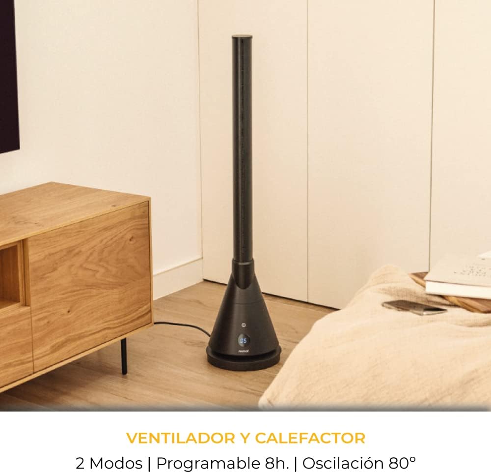 NEWTECK NEWLUX Ventilador de torre dupla 365 preto, com função de calor, Temp. Ajustável de 1 a 30 °C, termostato, 8 h, tátil, controlo remoto, oscilante, 4 níveis de calor e 9 frio, 1800 W