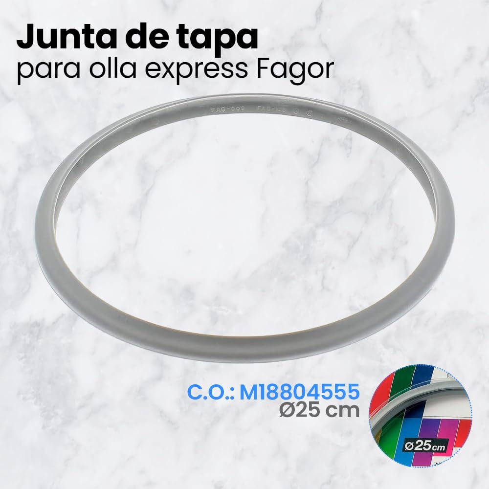 Fagor Substituição de Borracha Panela de Pressão M18804555 Compatível com Panela de Pressão Fagor com Diâmetro Interior de 25 Centímetros | Silicone, Ø25 cm, Cinzento