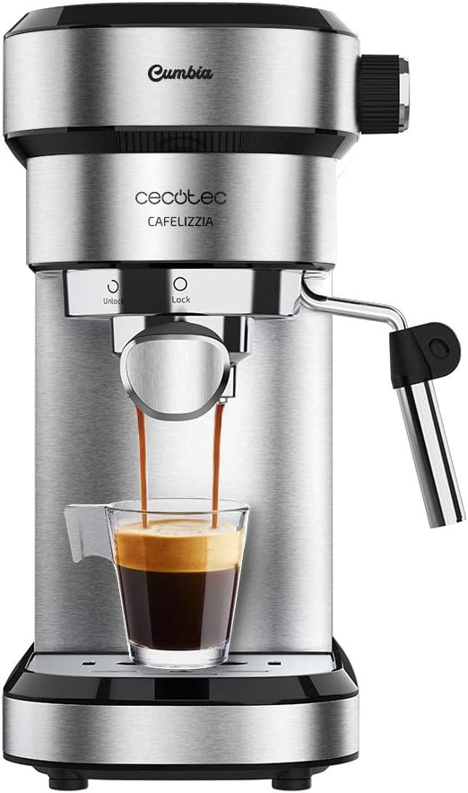 Cecotec Cafeteira expresso Cafelizzia 790 Steel para expresso e cappuccinos. 1350 W, Porta-filtros de braço com saída dupla e dois filtros, 20 barras de pressão, depósito removível de 1,2 litros, aço