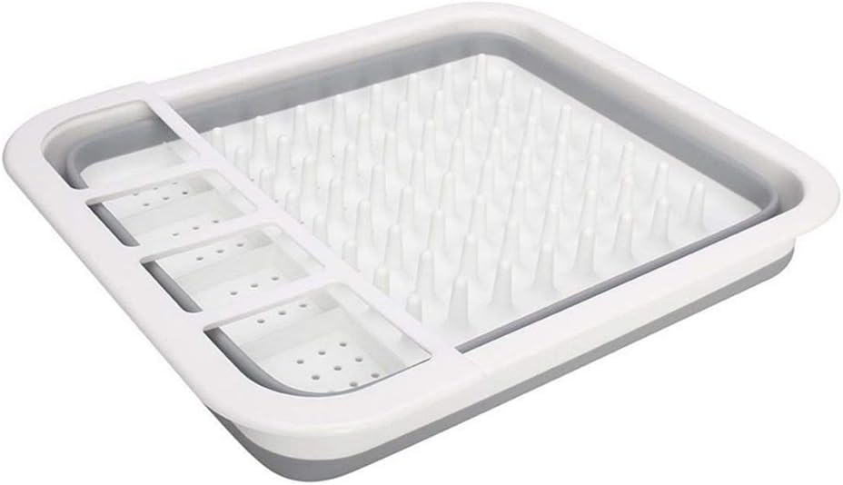 Escorredor de pratos, dobrável de plástico com tábua de drenagem, compacto e portátil para fácil armazenamento na bancada da cozinha